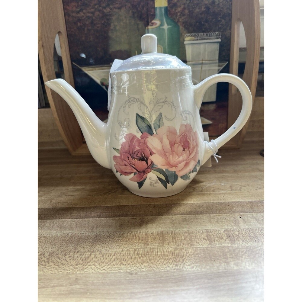 Martha Stewart Ceramic Teapot Rose Pattern NWT - No Box - 1.4 Qt Sealed Lid